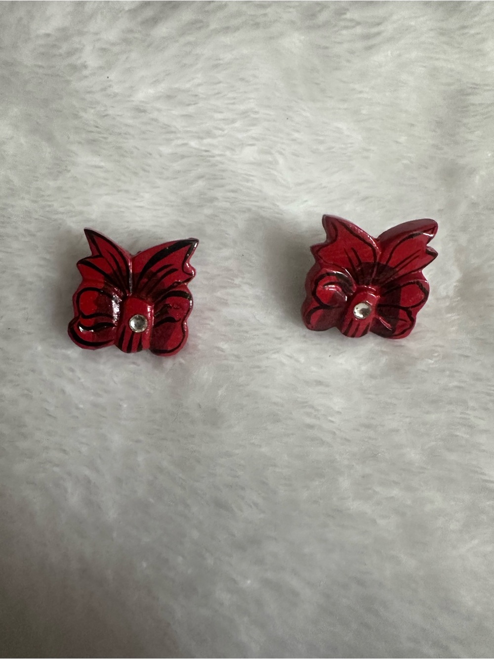 Vintage Red Enamel Painted Wooden Stud Earrings - Crystal Accent